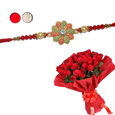 "Zardosi Rakhi - ZR-5240 A (Single Rakhi), 25 red roses bunch - Click here to View more details about this Product